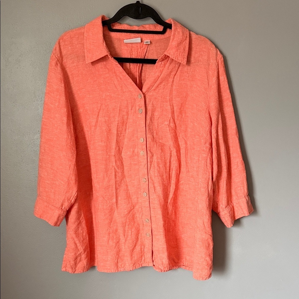 Women’s Boho Vacation Resort 3/4 Sleeve VNeck Linen Blend Orange Button-Up Shirt